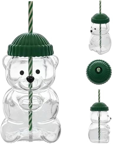 WIKOGDFE Süße Bärenbecher,590ml Saft Bären Flasche Trinkbecher,Trinkgläser mit Strohhalm,Kaffeetasse,Bär Glasbecher,für Milch,Kakao,Kaffee,Cocktail Getränke,Cola,Saft,Soda,Tee,Wasser,Geschenk