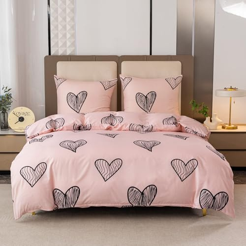 Cotton Market Juego de ropa de cama de 3 piezas, funda de edredón 160 x 200 cm, 2 fundas de almohada 70 x 80 cm, diseño de corazones, cremallera, microfibra, fácil de cuidar, suave para la piel