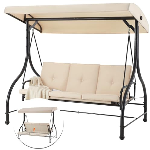 YODOLLA 3 Seater Garden Swing Chair Bed with Adjustable Canopy & Cushions - Outdoor Swing Bench for Patio/Backyard, Beige