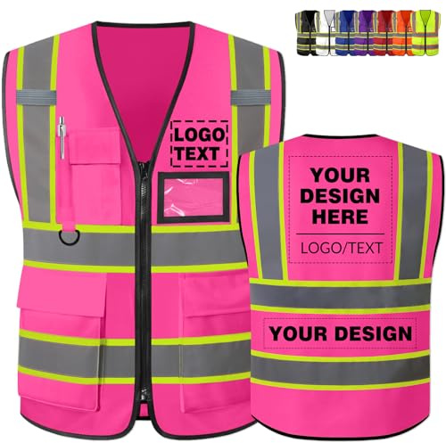 TaiJshaNc Custom Safety Vest Logo High Visibility Vest Personalised Dual Tone Reflective Strips Pockets Zipper