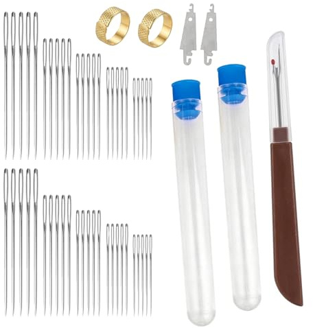 50 Big Eye Stainless Steel Needle Set,Sewing Needles Easy Thread | 50 Steel Portable Hand Sewing Needles 2 Needle Threader 2 Thimble & 1 Thread Ripper for Beginners & Craft Lovers