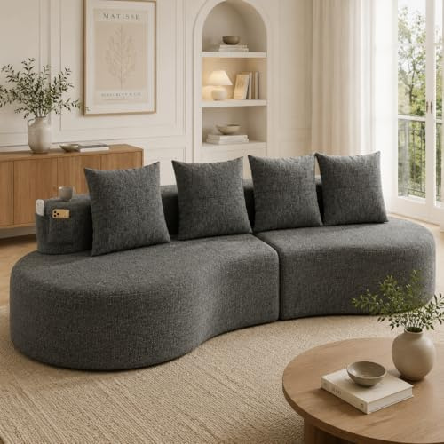 Sofá Cloud de Bladez, sofá curvo con tela de lino, sofá modular con 4 cojines, portavasos y bolsillo lateral, sofá sin patas con relleno de espuma de alta densidad y piezas de resorte, para salón