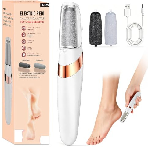 UGXJAIO Electric Foot File,Hard Skin Remover,Rechargeable Electric Callus Removers for Feet,Pedicure Tools Kits with 2 Roller Heads,Hard Skin Feet Callus Remover for Heels,Calluses and Dead Skin,White