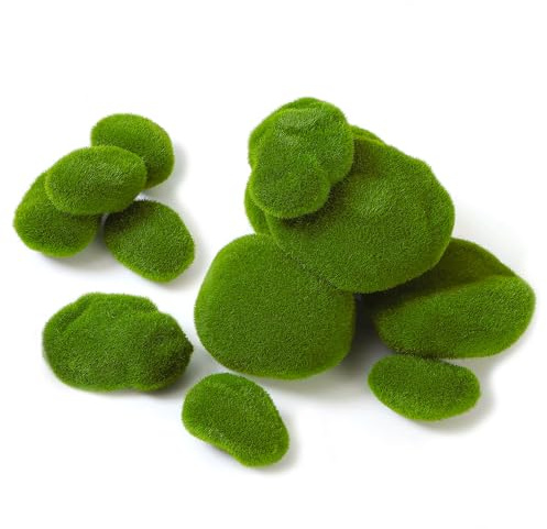 LJY 12 Pcs Artificial Moss Rocks (6 Sizes) - Decorative Green Foam Stones, Faux Moss Balls for Floral Arrangements, Potted Plants, Crafts, Glass Vases and Terrarium Decor