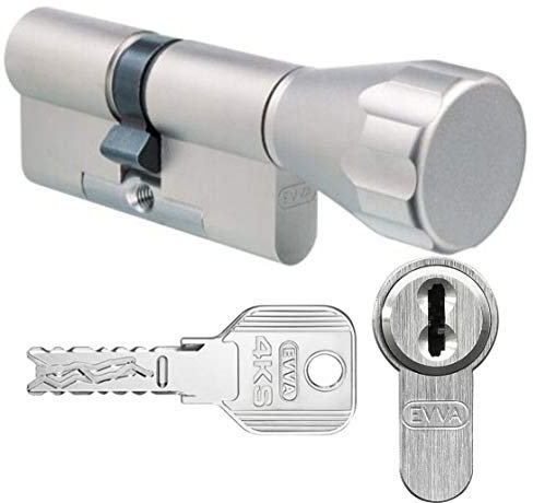 EVVA 4KS Knaufzylinder mit 6 Schlüssel, Länge (a/b) 41/K66mm (c=107mm) K=Knaufseite, mit speziellem Bohr-u. Ziehschutz KZS, modulare Bauweise SYMO
