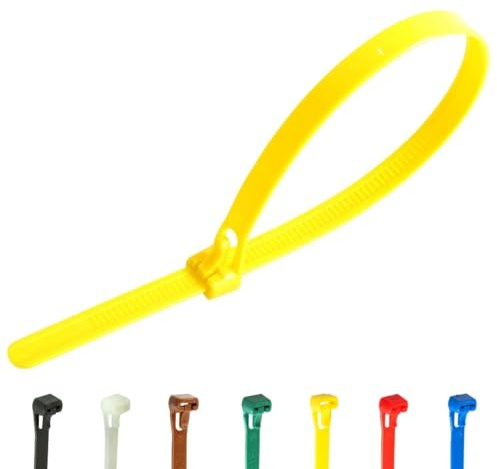 Gocableties 100 Pack of 250mm x 7.6mm Reusable Cable Ties, Heavy Duty Yellow Releasable Cable Ties, 10 Premium Tie Wraps, Strong Nylon Zip Ties