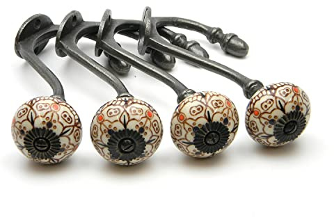 Oakcrafts Pack of 4 - Hand Finished Shabby Chic Cast Iron Coat Hooks Ceramic Tips (Patterned)