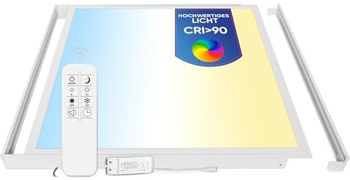 LECOM LED Panel 62x62 Dimmbar CCT CRI90 mit Fernbedienung mit Aufbaurahmen | Dimmbares LED Deckenpanel Aufbau mit CRI90 für natürliche Farbwiedergabe in Praxen, Salons, Studios und Verkaufsräume.