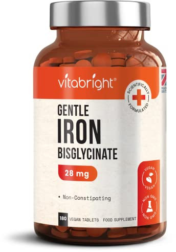 Iron Supplements for Women & Men | 28mg | 180 Gentle Iron Tablets | High Strength Ferrous Bisglycinate | Non Constipating | Supplements for Tiredness and Fatigue | VitaBright