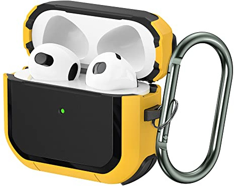 SURPHY Armour Airpods 3(2021), starkt designskal helt inslaget med karbinhake fodral för Airpod 3:e generationen[Synlig LED-indikator] (gul)