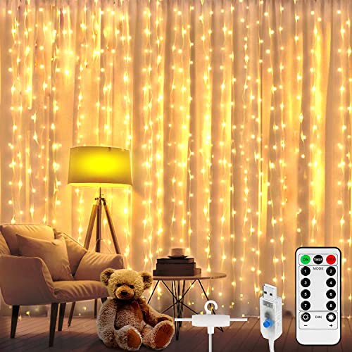 Rideau Lumineux LED, 200 LED 3Mx2M Guirlande Lumineuse Rideau USB avec 8 Modes de Contrôle à Distance IP65 étanche LED Guirlande Lumineuse pour Décoration Fête Mariage Chambre à Coucher de Noël