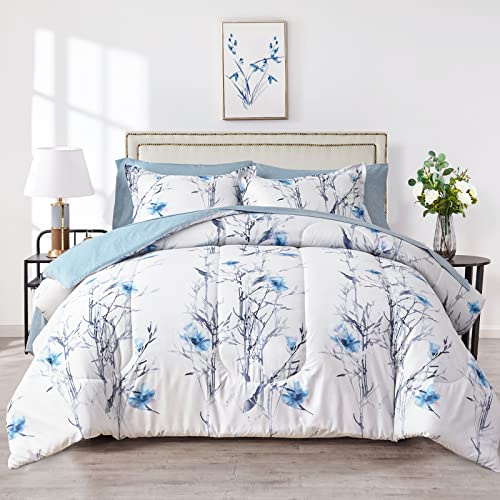 7 Piece Bed in a Bag Queen Comforter Set with Sheets, Blue Flower Branch on White Botanical Bedding Sets for All Season (1 Comforter, 2 Pillow Shams, 1 Flat Sheet, 1 Fitted Sheet, 2 Pillowcases)