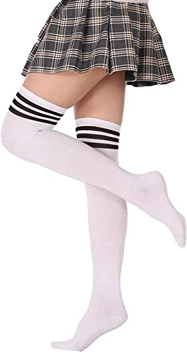 FGFD & OU dam knästrumpor overknees strumpor långa stickade varma höga knästrumpor leggings strumpor randig överkni cheerleader kostym sportstrumpor för kvinnor och flickor, Ett par vitt, one size