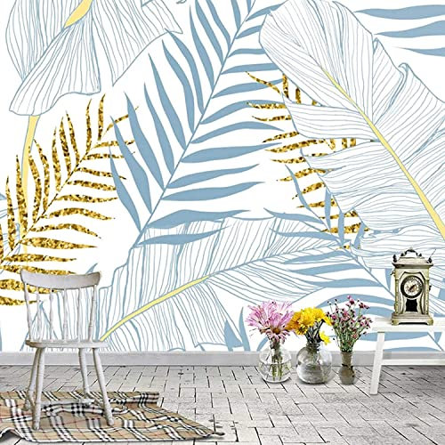 Fond D'Écran 3D Autocollant Grande Peinture Murale Photo Wallpaper Feuilles De Bananier Bleu Doré Affiche Papier Peint Décoratif Mural Papier Peint Décoration De La Maison Pour Adoles 140(L)x70(H) cm
