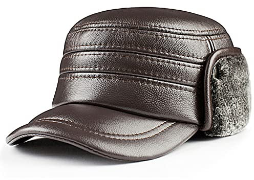 JIARY Mütze Herren,Fliegermütze,Outdoor-Lederhut Für Herren Mit Winddichter, Warmer Ohrenschützer-Lederhut,Trappermütze Aus Pelz Für Herren,Dark Brown,XXL (59~60cm)