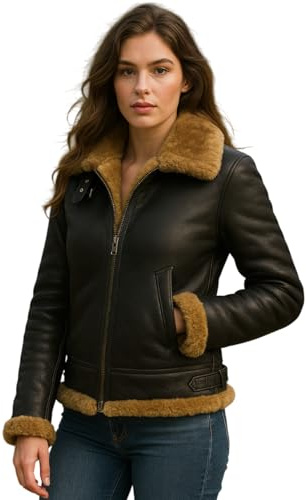 CHICAGO-FASHIONS Womens B3 Jacket - Bomber Aviator Pilot Removable Hoodie Fur Shearling Sheepskin Brown Leather Jacket 3XL