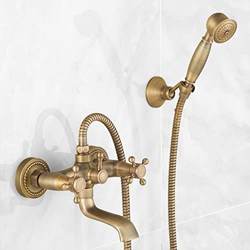 Grifo Bañera Grifo De Ducha En Pared Antiguo Vintage Estilo Latón Dos Asas Mezclador De Baño, Con Ducha De Mano, Manguera Y Soporte, Acabado De Latón Antiguo