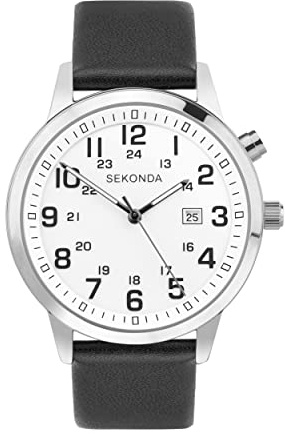 Sekonda Easy Reader - Orologio al quarzo da uomo, 46 mm, con display analogico della data e cinturino in pelle nera, Argento