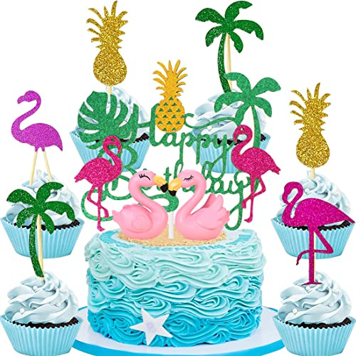 YGCHEN Tortendeko Flamingo Kuchen Dekoration Ananas Kuchen Topper Happy Birthday Cake Toppers Flamingos Figuren Kuchendeko Hawaii Aloha Cupcake Topper Sommer Geburtstag Party Dekoration