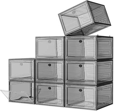 7 code Large Clear Shoe Boxes Organizer【Thicker Material】 Stronger Shoe Box with Magnetic Door, Stackable Shoe Storage Box for Closet, Foldable Space-Saving Storage Bins Shoe Cabinet, Black 9-Pack