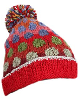 Pachamama Damen-Wollmütze, Bommelmütze, Fleecefutter, handgestrickt, helle Punkte, rot, Einheitsgröße, handgefertigt, extra warm, Fair Trade