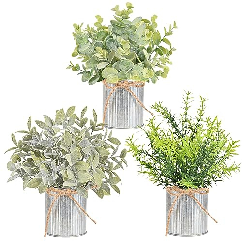 HOFMEFY Metal Potted Plants Artificial Eucalyptus Mini Home Greenery Decor Set of 3 for House Office Balcony Desk Bathroom Decoration