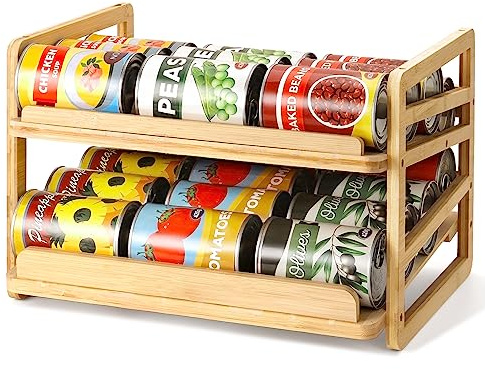 Yumkfoi Rolling Bamboo Can Organizer Rack | Stackable Double-Layer Can Organizers and Storage For Pantry