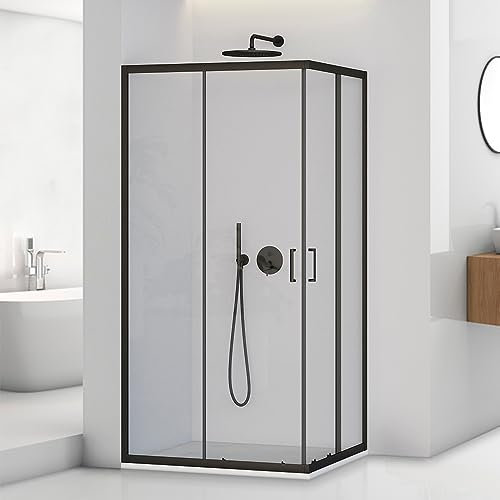 Box doccia angolare 70x90 cm in vetro trasparente H 185 cm, profilo nero opaco e 2 porte scorrevoli con installazione reversibile, TAY