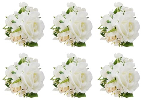 Meldel Pocket Boutonniere for Men, Set of 6, Groom Groomsman Boutonnieres for Wedding Prom Suit Accessories, Artificial White Rose Corsage for Party Ceremony Anniversary Graduation Flowers