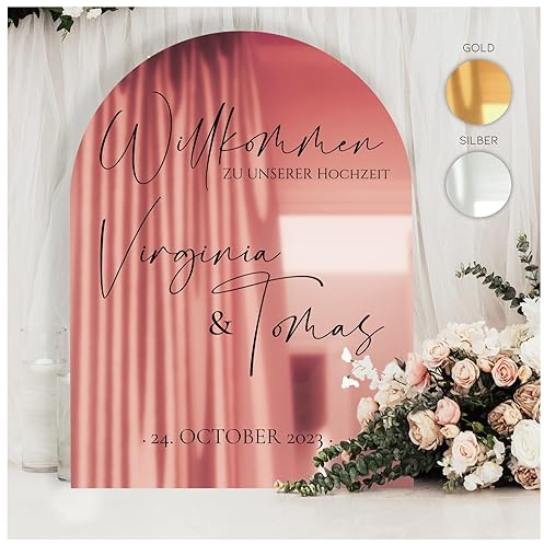Manschin-Laserdesign Willkommensschild Acrylglas Spiegel personalisiert in veschiedenen Farben - Made in Germany - Welcome Willkommen Schild für Hochzeit (30x45cm, Rosegold)