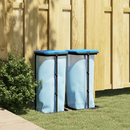 TANZEM Rubbish Bag Holders 2 pcs Black and Blue 60 L PP,Sack Holder Black Lid Adjustable Refuse Bag Stands Foldable Camping Bin