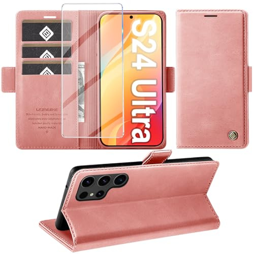 Giyer Handyhülle für Samsung Galaxy S24 Ultra Hülle mit Schutzfolie, Schutzhülle Galaxy S24 Ultra 5G PU Leder Wallet Flip Case Standfunktion Kartenfach Klapphülle für Samsung S24 Ultra Cover (Rosa)