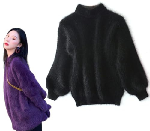 HUANZHI Lady Winter Angora Cashmere Blend Maglione Caldo alla Bulk, Pullover in Peluche Morbido e Soffice Maglione a Maglia Girocollo Tinta Unita per Donne