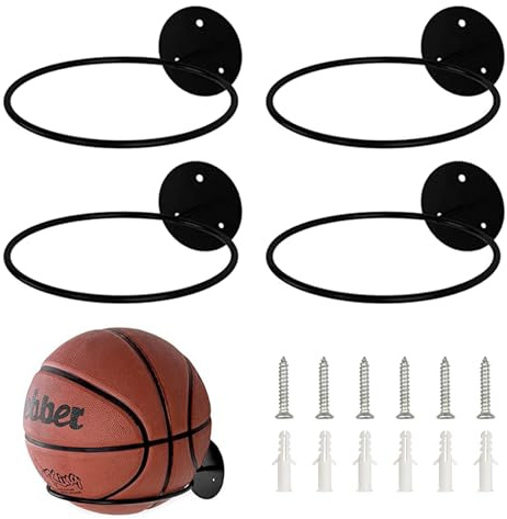 Zfseyuh Porta Palloni da Muro 4 Pezzi Supporti da Parete per Pallacanestro Universale Espositore Pallone Sportivo in Metallo per Calcio Pallacanestro Pallavolo Rugby