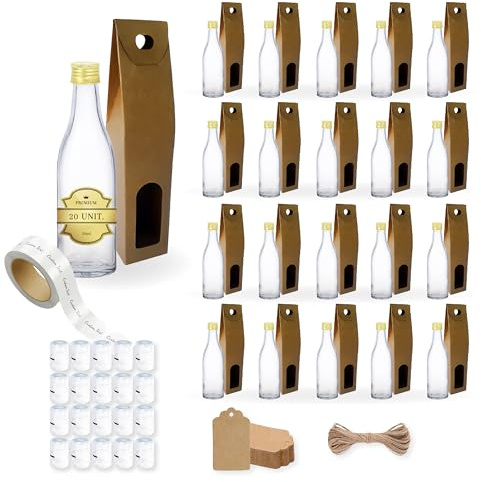 20 mini botellas de cristal de 50 ml con tapón de rosca dorado, caja, etiqueta kraft, hilo y etiqueta personalizable- Minibotellas de alcohol de 5 cl, pequeñas muestras - regalos, bodas