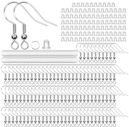 Fyfjur 300 Stück Ohrringe Selber Machen, 925 Silber Ohrringe Selber Machen Set Hypoallergene, Ohrring Haken mit Durchsichtigen Gummi Ohrstopper und Spule, DIY Ohrhänger Ohrhaken
