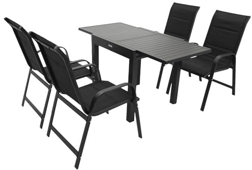 DEGAMO Gartengarnitur Alcudia 5-teilig, 4X Stapelsessel aus Aluminium anthrazit und gepolstertem Textilgewebe in schwarz + 1x Ausziehtisch Aluminium 70/140x70cm, anthrazit