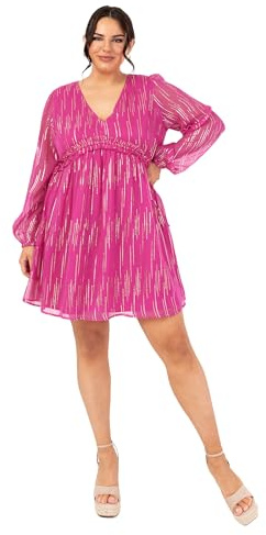 Lovedrobe Vestido Largo de Globo para Mujer, con Cuello en V, Gasa Lateral, Detalle Ruffle Frill Empire Waist A-Line, Rosa Fucsia, 48