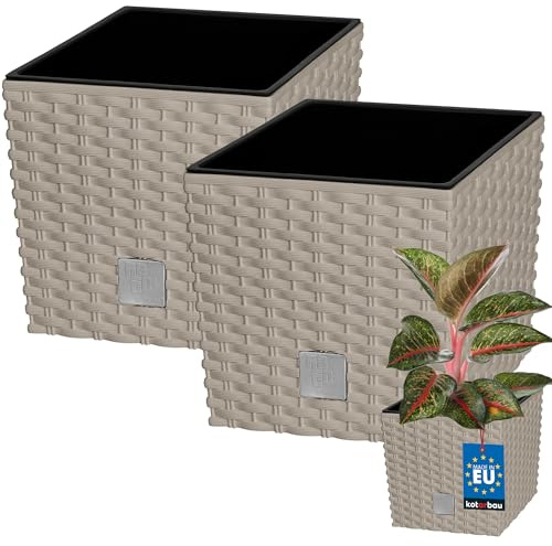 KOTARBAU® Vaso da Esterno Con inserto, Fioriera da Esterno 20 x 20 cm | 2 Pezzi, Vasi per Piante da Esterno in Plastica 6,8 L, Vasi da Giardino, Effetto Rattan, Moka