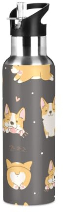 Ksajwzf Kawaii Corgi Dogs Insulated Water Bottle Stainless Steel Kids Sport Thermos Jug with Straw Lid Animal Puppy Dogs Water Flask Leakproof Thermos Bottle for Bike Running Walking Outdoor 20 Oz