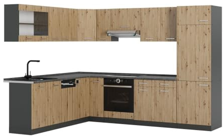 Vicco Eckküche R-Line, Artisan-Eiche/Anthrazit, 287 x 227 cm | 12 Module · Höhenverstellbare Füße · Ohne Arbeitsplatte · Robuste Fronten · Mit Kühlschrankumbauschrank