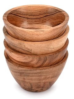 Mahasu Juego de 4 cuencos de sopa de madera de acacia, cuencos de preparación, cuencos para cereales, arroz, multiusos, redondos (11,43 cm x 11,43 cm x 6,35 cm)