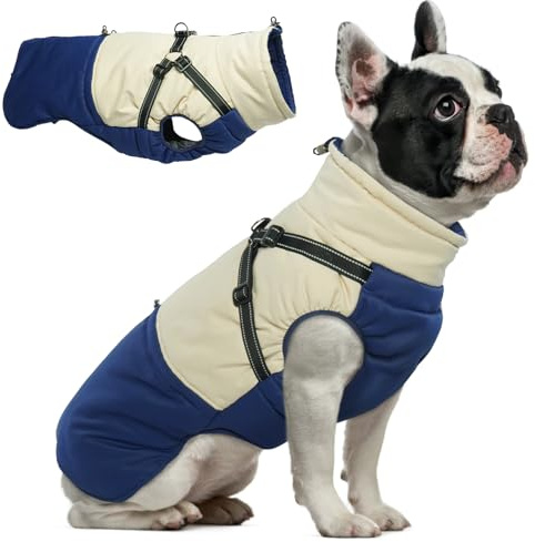 Hjumarayan Hundemantel mit Geschirr, Hundemantel Winter für Kleine Mittelgroße Grosse Hunde, Hundejacke Wasserdicht und Warm Hunde Mantel Gefüttert, Wintermantel Hund mit Geschirr, Marineblau L