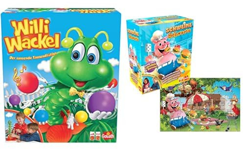 Set mit 2 Spielen: WILLI WACKEL + Schweine Schwarte Puzzle – Brett-, Action-, Geschicklichkeits- und Geschwindigkeitsspiele für Kinder – Neues Spieleset – Spielen mit Freunden – 2+ Spieler – 4+
