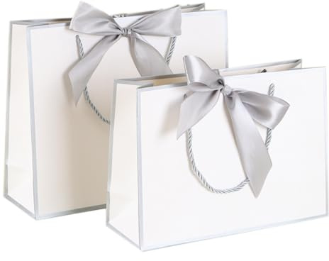 2 Stück Papiertüten mit Schleifenbändern,Geschenktaschen mit Henkel Partytüten Bodenbeutel Kreuzbodenbeutel für Geburtstag Hochzeit Feier Party (Weiß)
