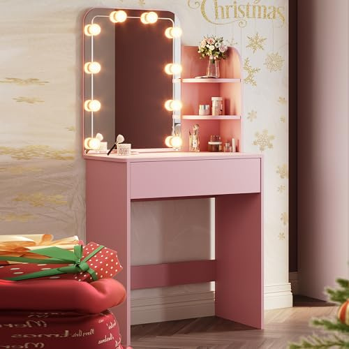 SONNI Toeletta Trucco Rosa con Specchio LED 70x140cm per Bambina | Specchio Trucco Con Luci LED 3 Colori Regolabili, Cassetti Portaoggetti, Design Salvaspazio, Per Bambina