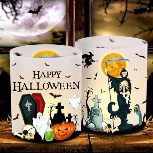 12 Portacandele da Tavolo per Halloween, Decorazione per Feste, Con Fantasma Zucca Pipistrello Lapide, Adatto per Lumini o Candele