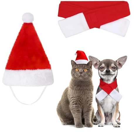 Kiiwah 2 Stück Weihnachten Hunde Katzen Kostüm, Weihnachtsmütze und Schal für Weihnachten Hundekostüm Katzenkostüm