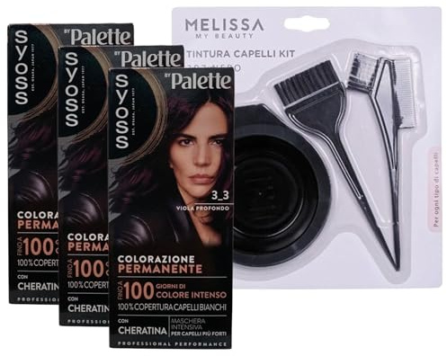 KIT TINTA CAPELLI: 3x Tinta Palette Colorazione Permanente, Crema Colorante Professionale, Copertura Capelli Bianchi, Sistema Anti-danni + Set Tinta Capelli da 3pz (3-3 Viola Profondo)