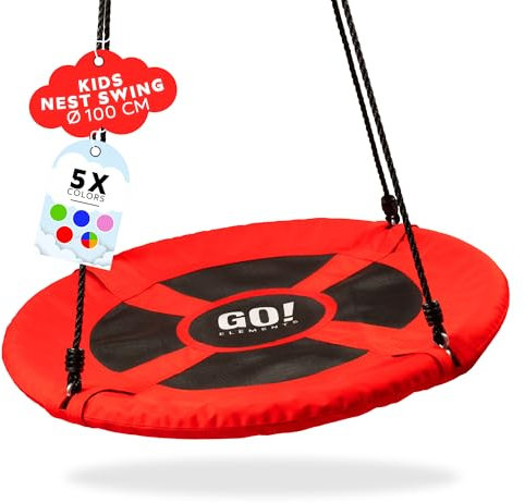 GO!elements Columpio Circular Nido | Jardín Redondo Ajustable en Altura para Niños y Adultos con Capacidad de Carga de hasta 150 kg. Tamaño: ø 100 cm, Color: Rojo